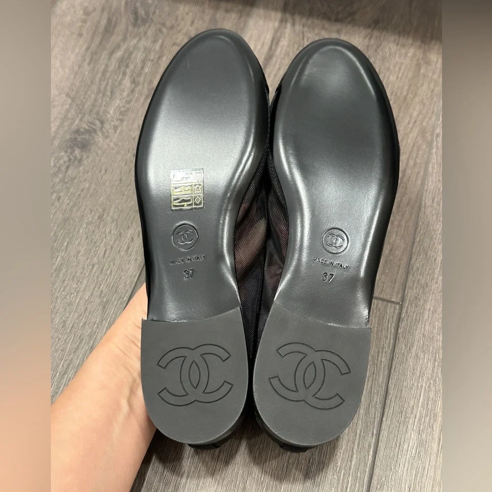 2025 CHANEL BLACK MESH BALLET FLATS BALLERINA SHOES 37 NEW - Picture 9 of 16